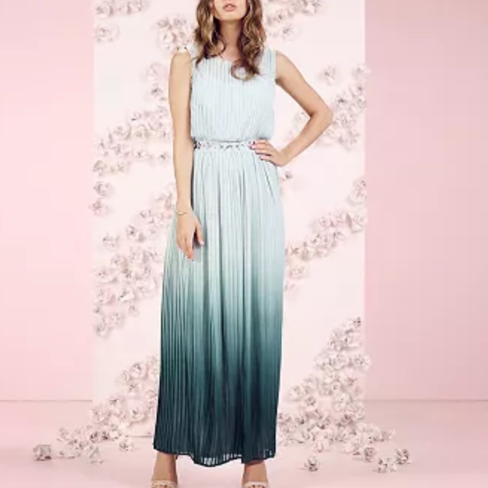 Pale green ombré pleated goddess formal full length gown